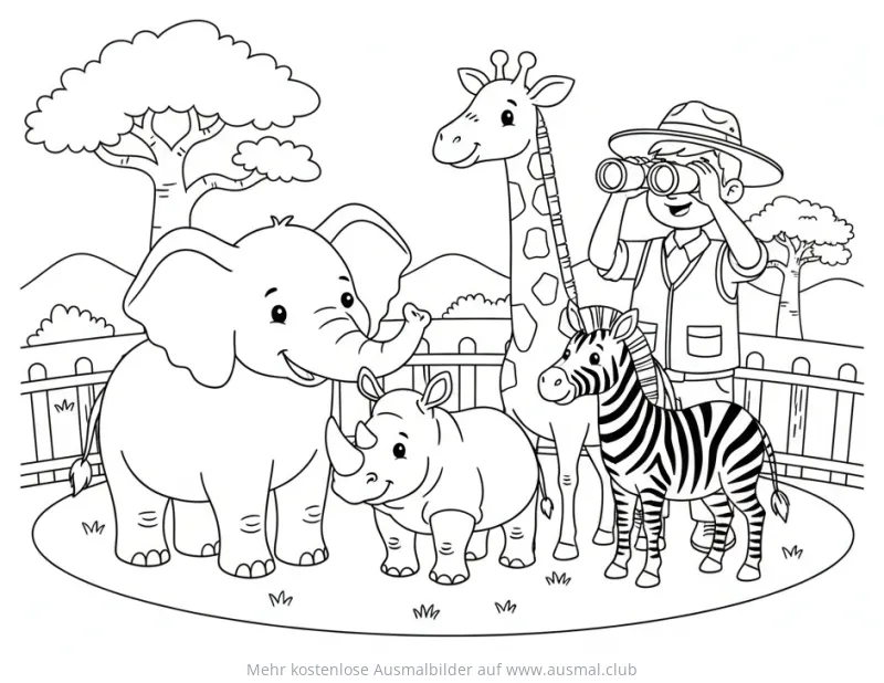 Elefant, Nashorn, Giraffe und Zebra in der Savanne Ausmalbild