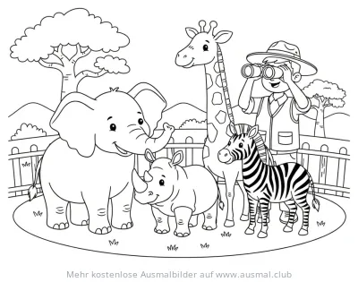 Elefant, Nashorn, Giraffe und Zebra in der Savanne Ausmalbild