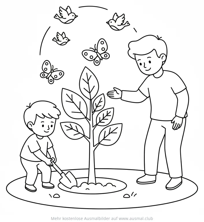 Junge pflanzt Baum mit Erwachsenem Ausmalbild