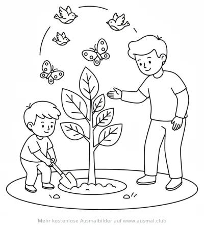 Junge pflanzt Baum mit Erwachsenem Ausmalbild