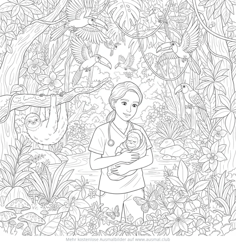 Tierärztin hält Orang-Utan-Baby im Regenwald Ausmalbild