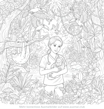 Tierärztin hält Orang-Utan-Baby im Regenwald Ausmalbild