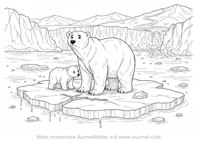 Eisbär mit Jungem auf schmelzender Eisscholle Ausmalbild