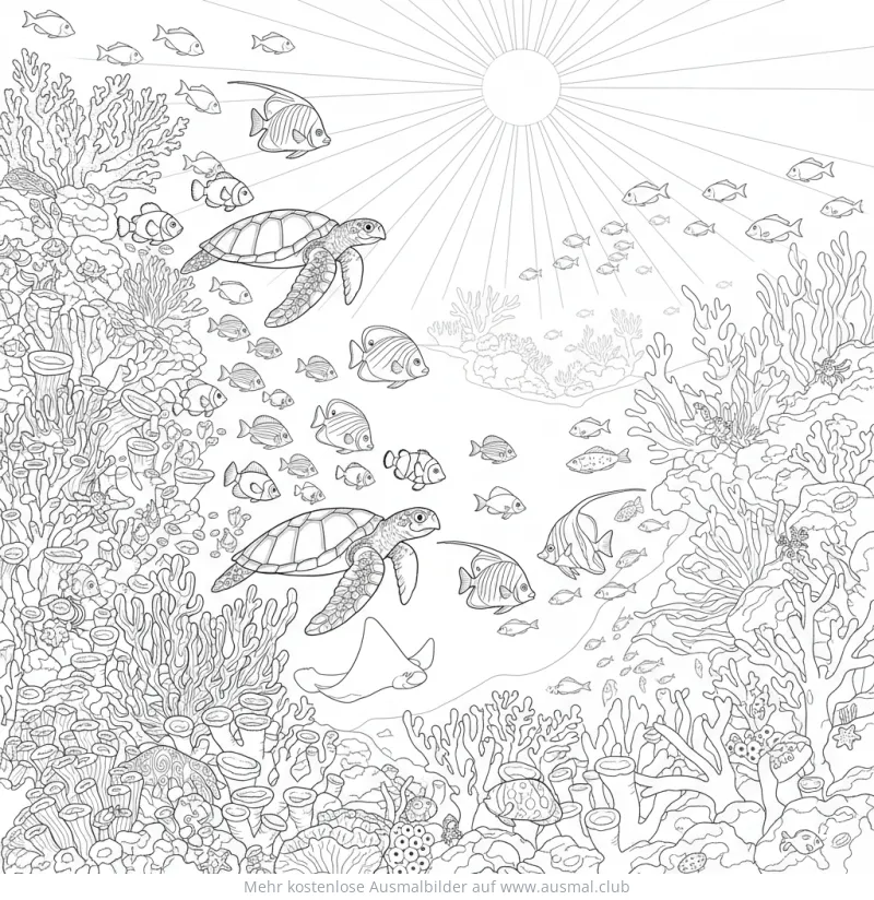 Korallenriff mit Schildkröten und Fischen Ausmalbild