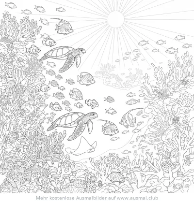 Korallenriff mit Schildkröten und Fischen Ausmalbild