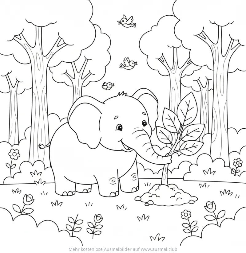 Elefant pflanzt Baum Ausmalbild im Wald