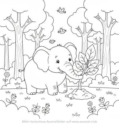 Elefant pflanzt Baum Ausmalbild im Wald