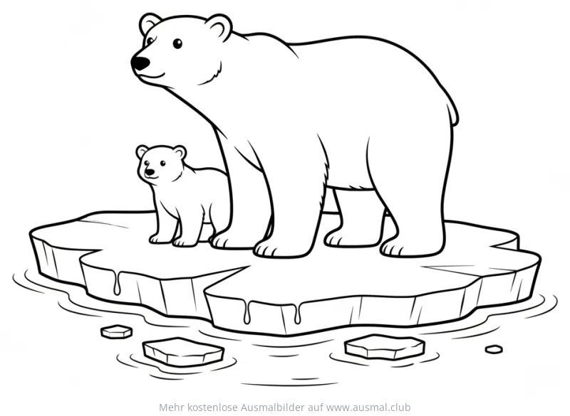 Eisbär mit Jungem auf schmelzender Eisscholle Ausmalbild
