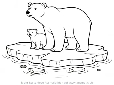 Eisbär mit Jungem auf schmelzender Eisscholle Ausmalbild