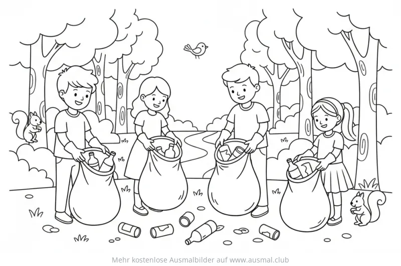 Kinder säubern Wald: Ausmalbild zum Thema Tierschutz und Artenschutz