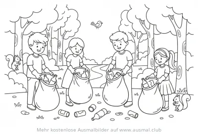 Kinder säubern Wald: Ausmalbild zum Thema Tierschutz und Artenschutz