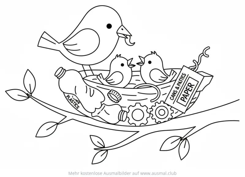 Vögel bauen Nest aus Müll Ausmalbild