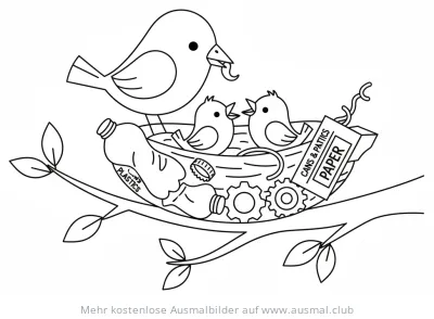 Vögel bauen Nest aus Müll Ausmalbild