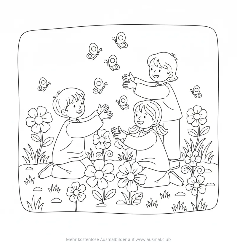 Kinder beobachten Schmetterlinge in einem Blumengarten Ausmalbild
