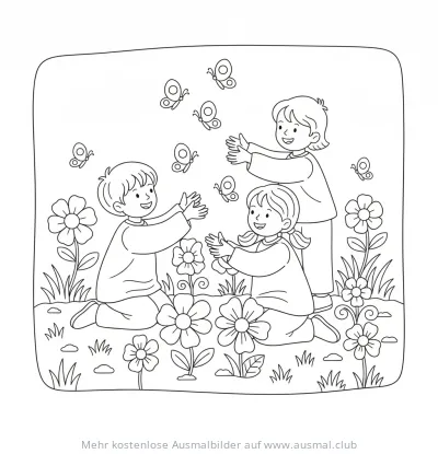 Kinder beobachten Schmetterlinge in einem Blumengarten Ausmalbild