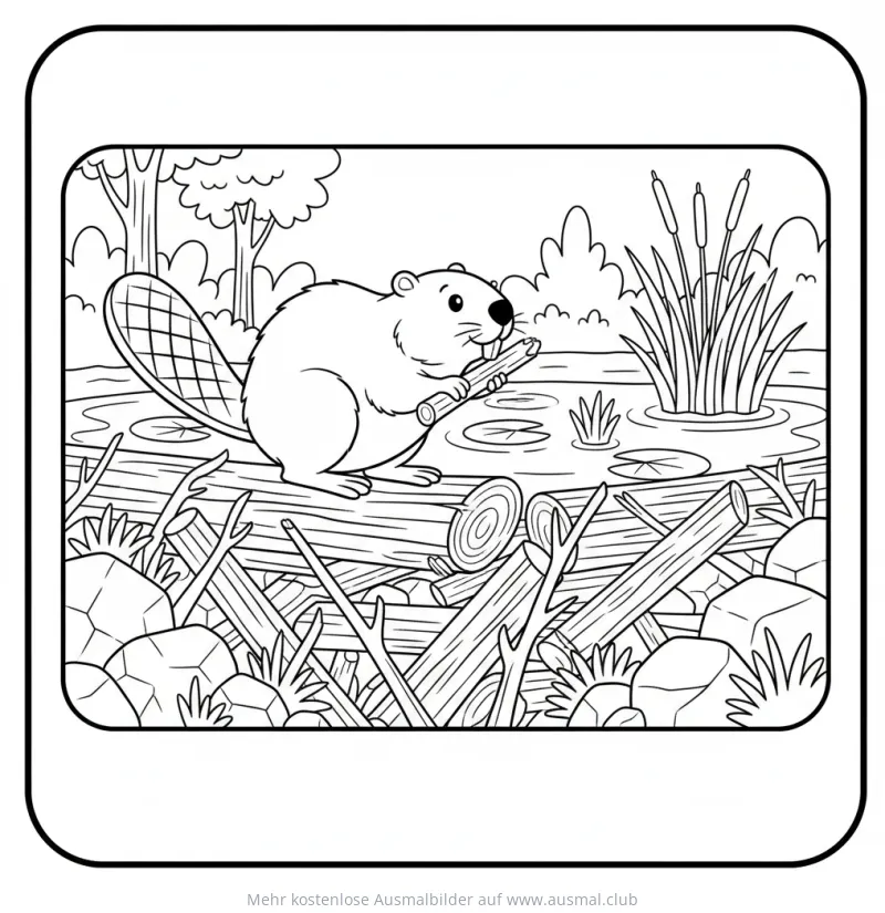 Biber nagt an Ast auf Damm Ausmalbild