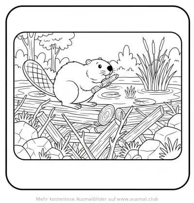 Biber nagt an Ast auf Damm Ausmalbild