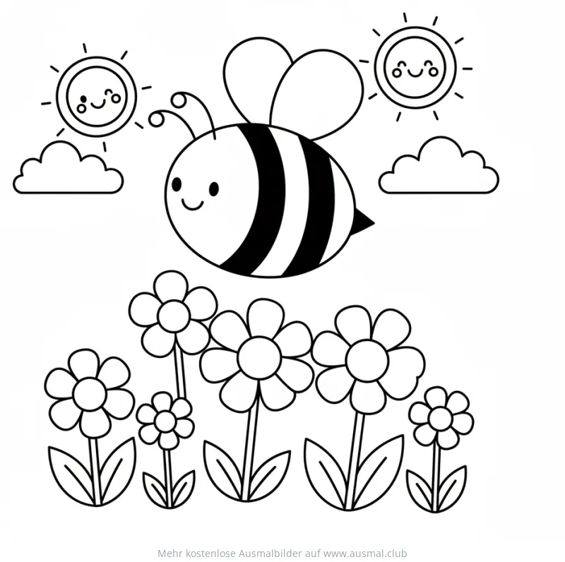 Freundliche Biene über Blumenwiese mit Sonnen und Wolken Ausmalbild
