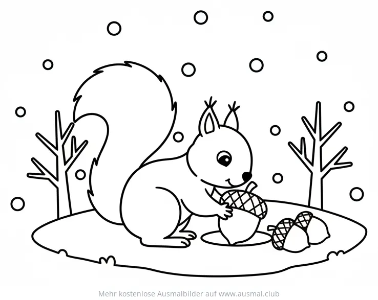 Eichhörnchen mit Nüssen im Schnee Ausmalbild