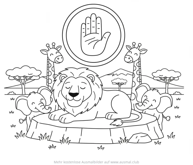 Löwe auf Felsvorsprung mit Elefanten und Giraffen Ausmalbild