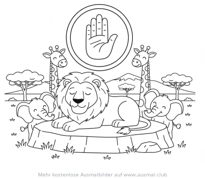 Löwe auf Felsvorsprung mit Elefanten und Giraffen Ausmalbild