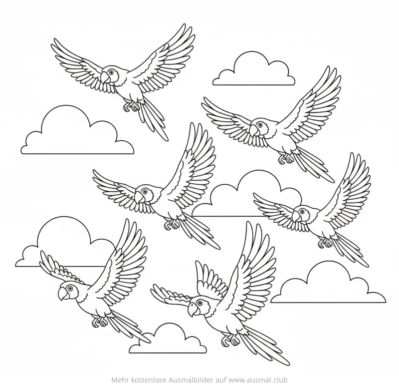 Fliegende Papageien zwischen Wolken Ausmalbild