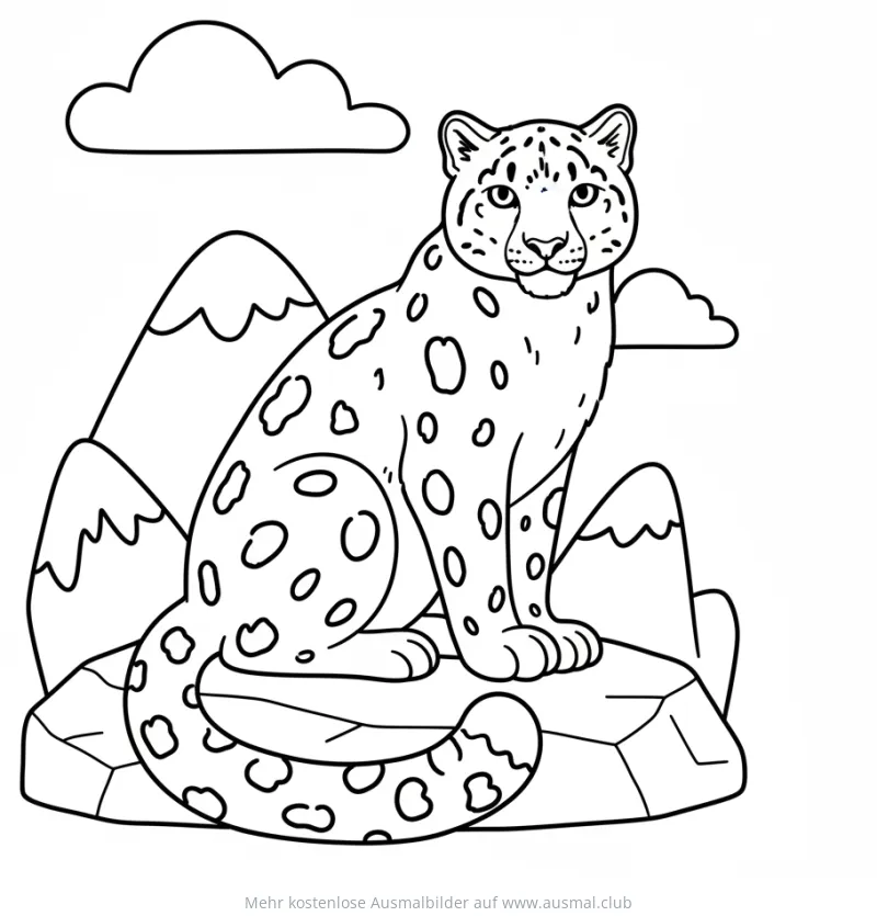 Schneeleopard Ausmalbild vor Bergkulisse