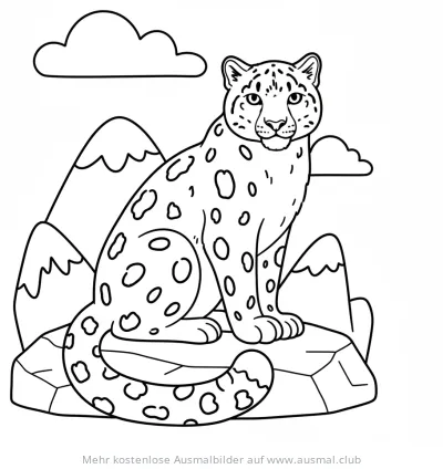 Schneeleopard Ausmalbild vor Bergkulisse