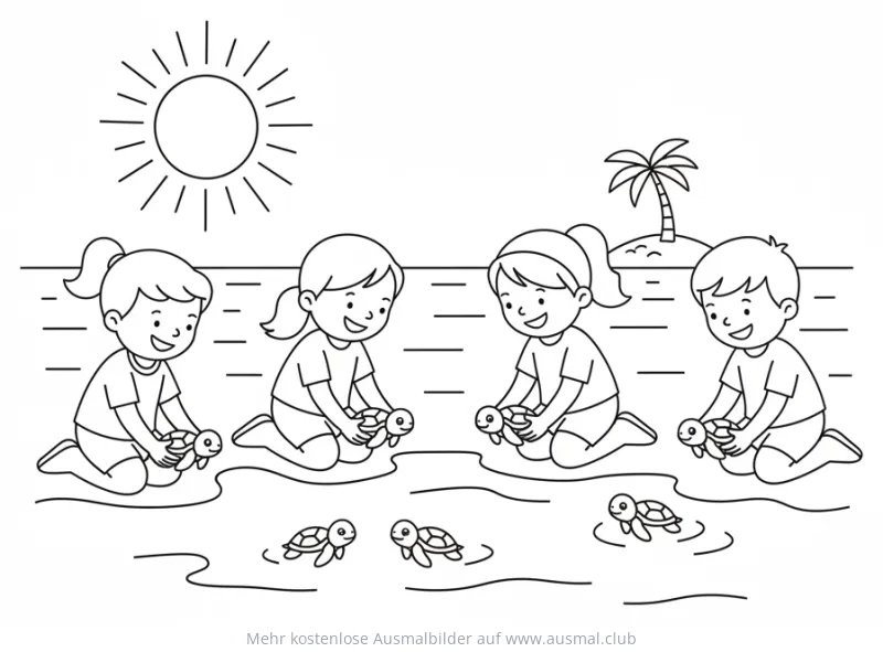 Kinder am Strand mit Babyschildkröten Ausmalbild