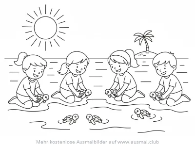 Kinder am Strand mit Babyschildkröten Ausmalbild