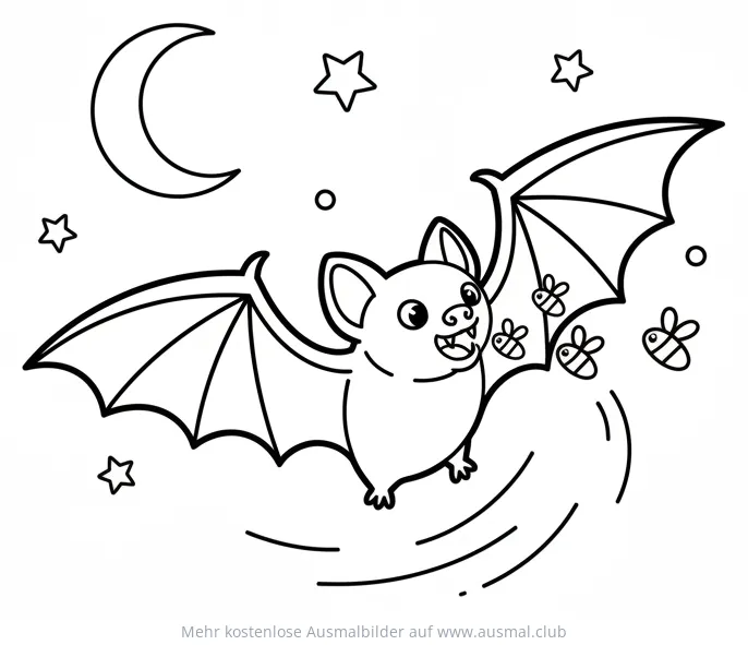 Freundliche Fledermaus mit Glühwürmchen, Mond und Sternen Ausmalbild