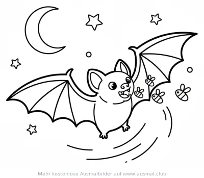 Freundliche Fledermaus mit Glühwürmchen, Mond und Sternen Ausmalbild