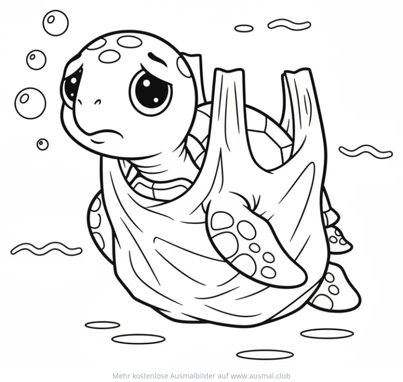 Traurige Schildkröte in Plastiktüte Ausmalbild