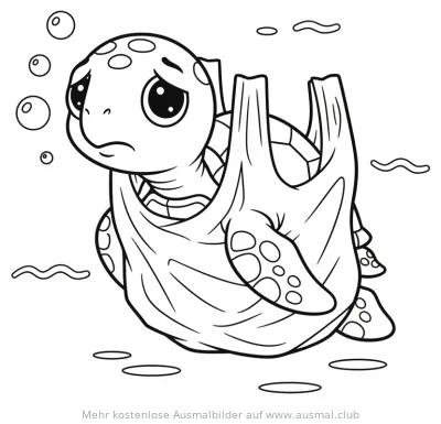 Traurige Schildkröte in Plastiktüte Ausmalbild