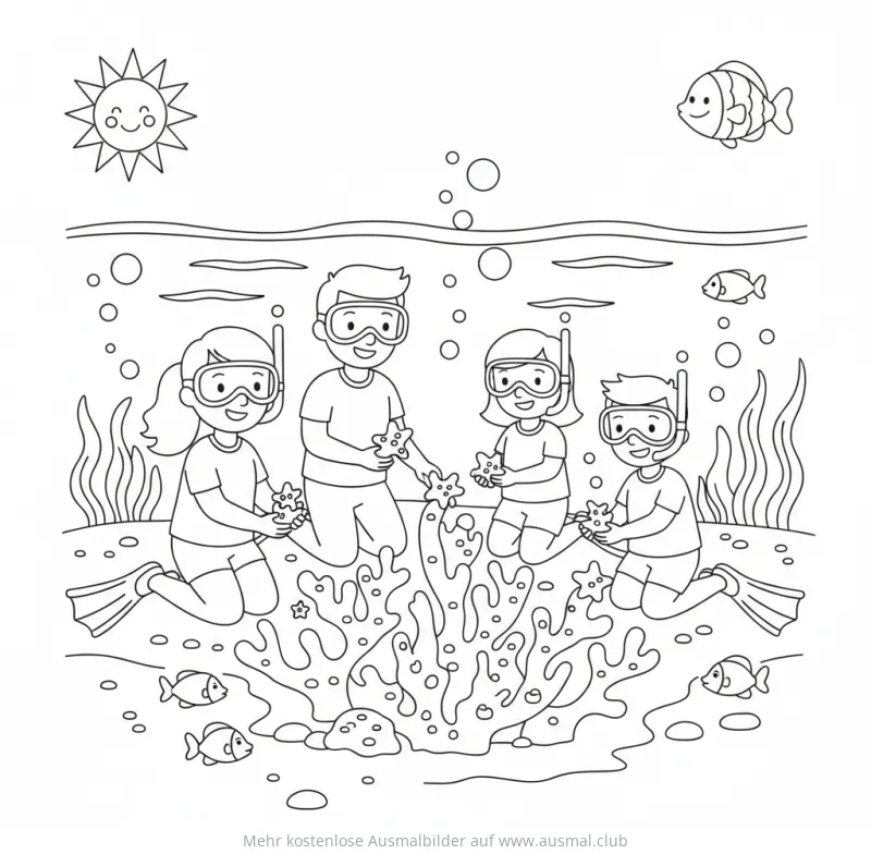 Familie taucht an Korallenriff Ausmalbild