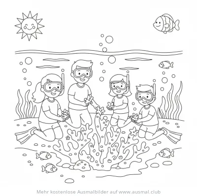 Familie taucht an Korallenriff Ausmalbild