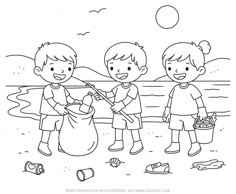 Strand säubern: Kinder sammeln Müll Ausmalbild