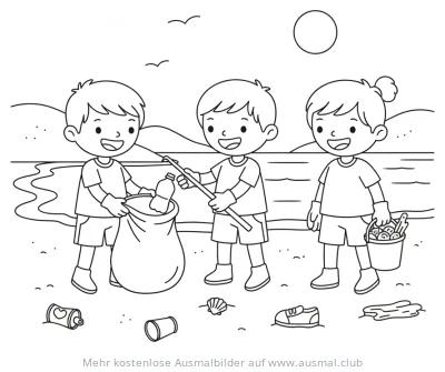Strand säubern: Kinder sammeln Müll Ausmalbild