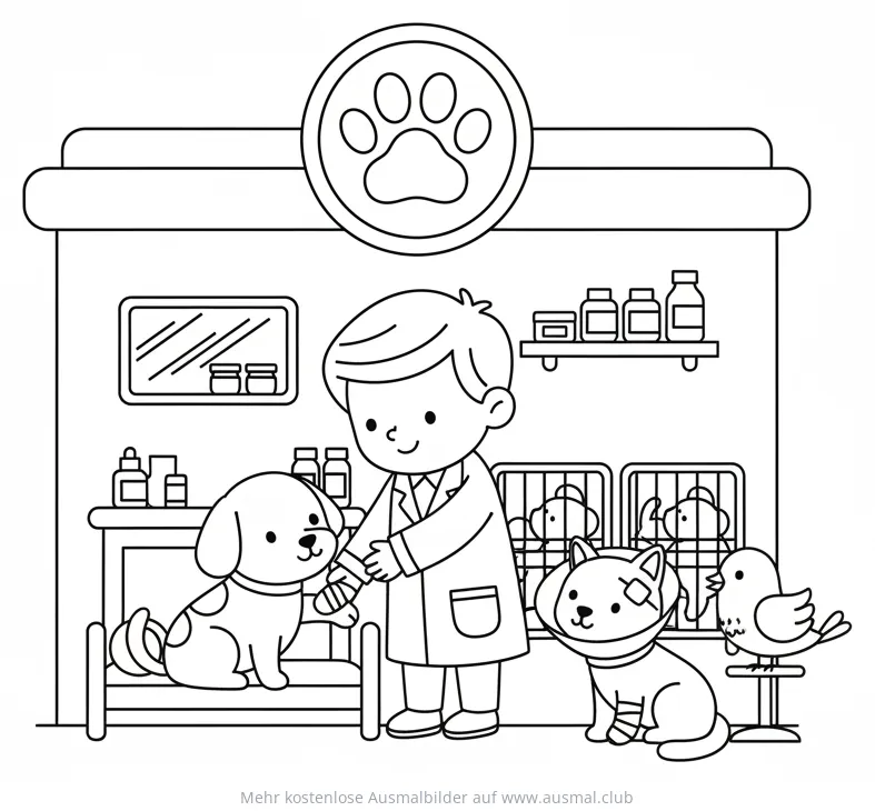 Tierarzt in Tierklinik mit Hund, Katze und Vogel Ausmalbild