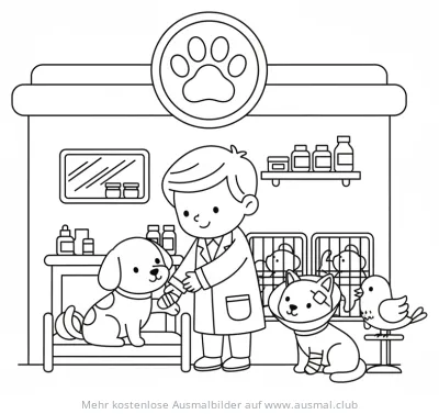 Tierarzt in Tierklinik mit Hund, Katze und Vogel Ausmalbild