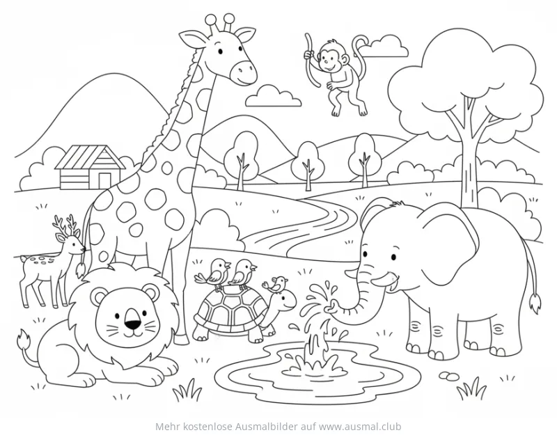 Wildtiere im Paradies Ausmalbild: Löwe, Giraffe, Elefant, Affe, Hirsch und Schildkröte mit Vögeln