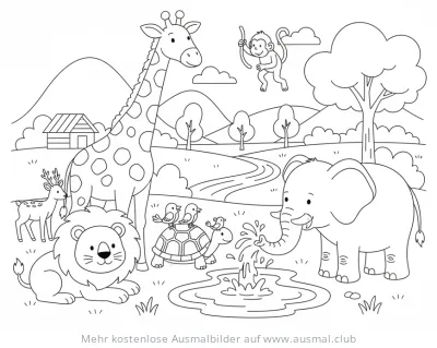 Wildtiere im Paradies Ausmalbild: Löwe, Giraffe, Elefant, Affe, Hirsch und Schildkröte mit Vögeln