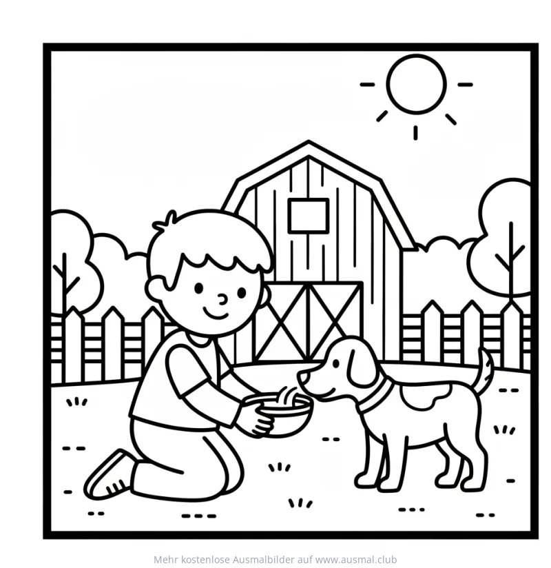 Junge füttert Hund Ausmalbild mit Bauernhof im Hintergrund