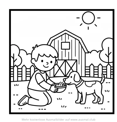 Junge füttert Hund Ausmalbild mit Bauernhof im Hintergrund