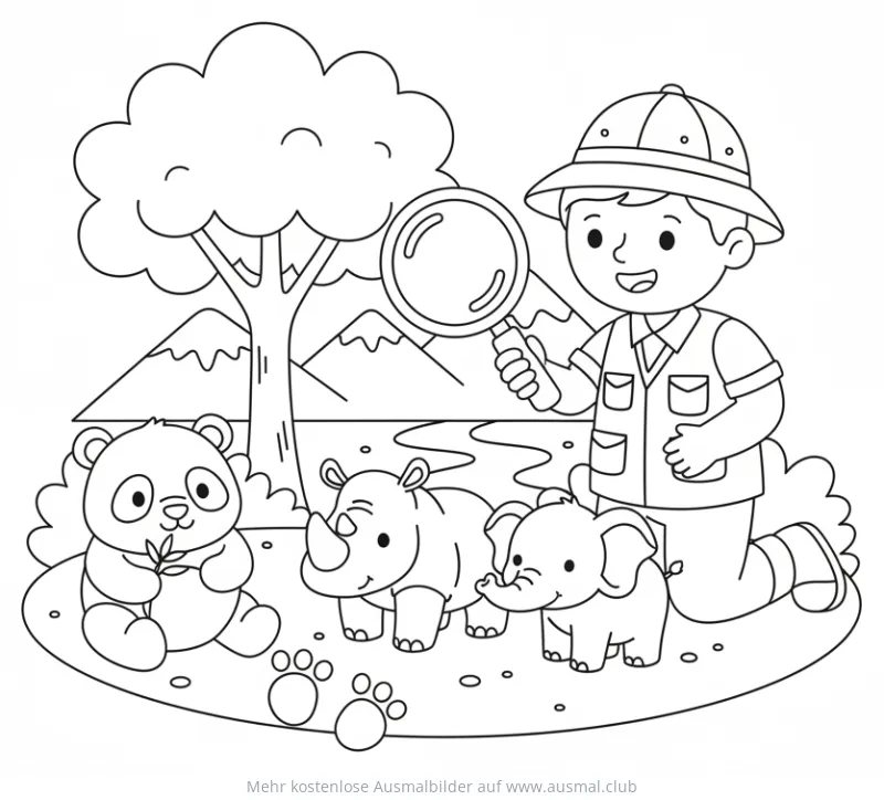 Artenschützer mit Lupe, Panda, Nashorn und Elefant Ausmalbild