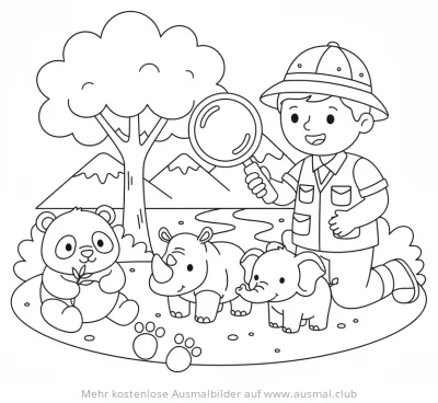 Artenschützer mit Lupe, Panda, Nashorn und Elefant Ausmalbild