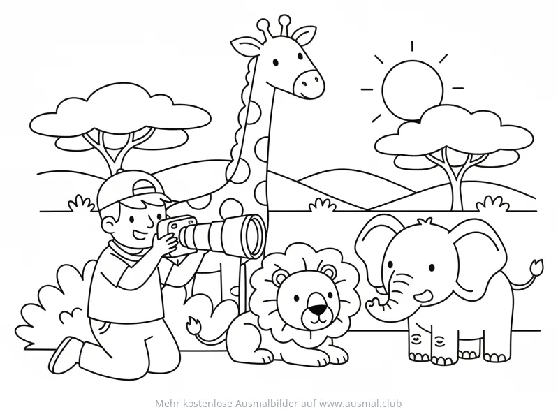 Tierfotograf mit Giraffe, Löwe und Elefant Ausmalbild