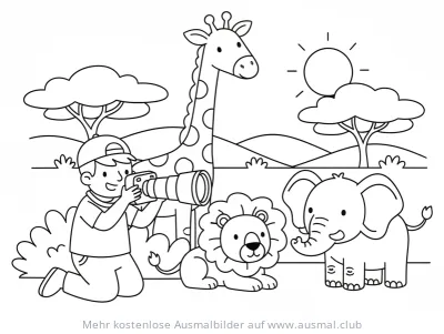 Tierfotograf mit Giraffe, Löwe und Elefant Ausmalbild