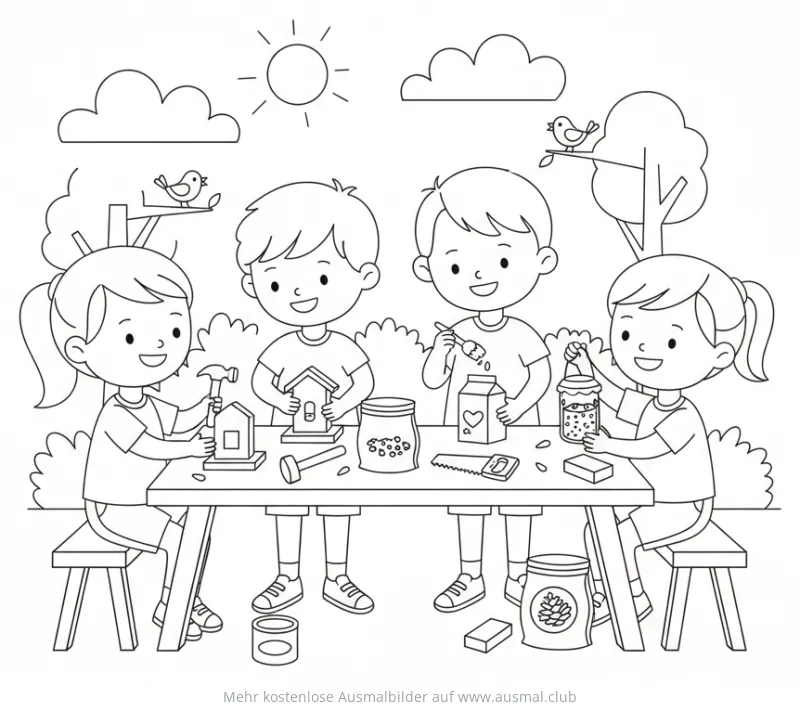 Kinder bauen Vogelfutterhäuser Ausmalbild