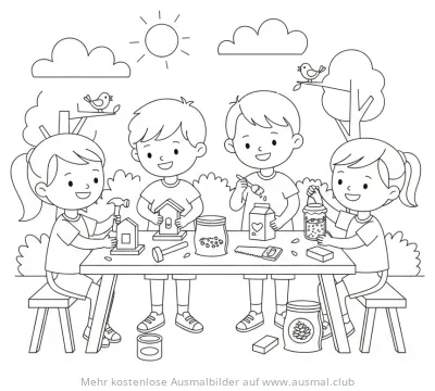 Kinder bauen Vogelfutterhäuser Ausmalbild